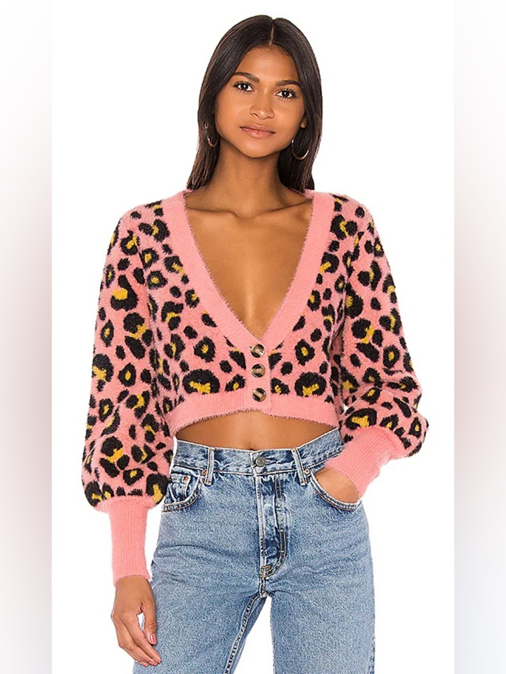 For Love & Lemons Angelina Cropped Leopard Cardigan in Pink Size XS